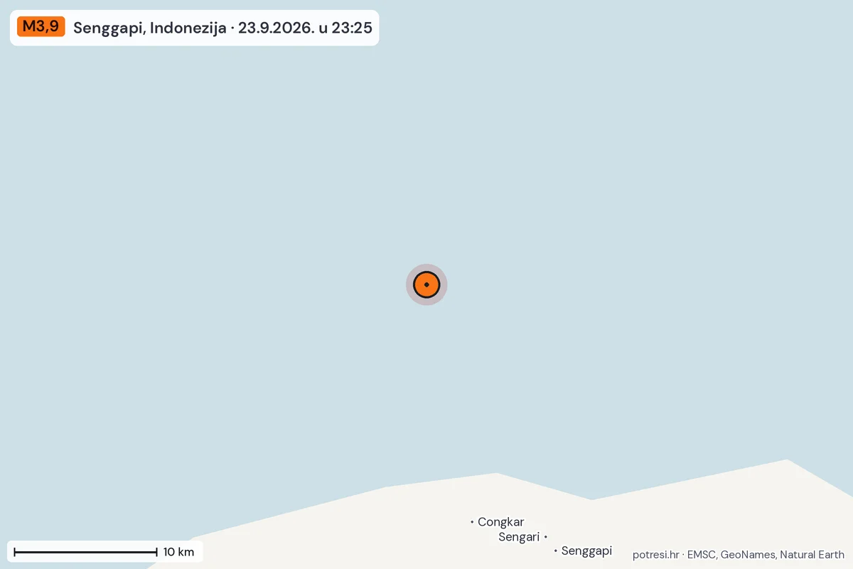 Karta: okolica epicentra, 60 km, potres M3,9, Senggapi, Indonezija, 23.9.2026.