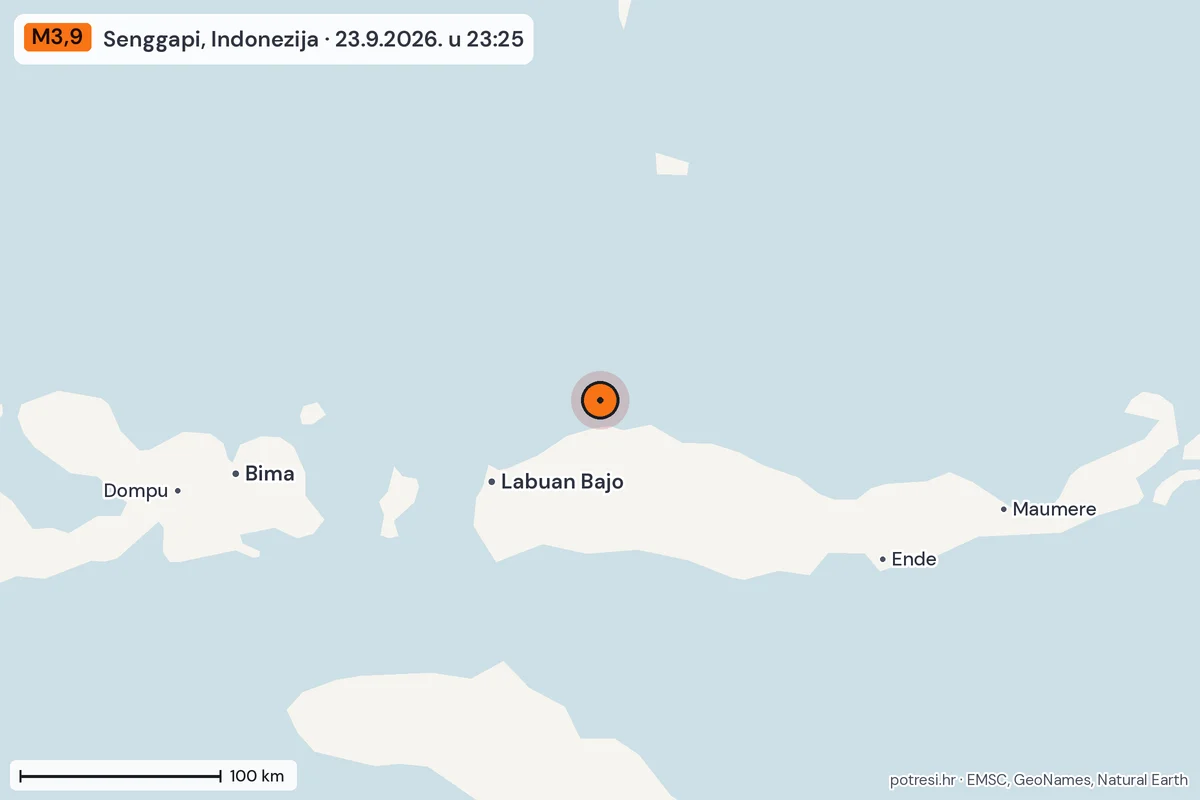 Karta: šire područje, 600 km, potres M3,9, Senggapi, Indonezija, 23.9.2026.