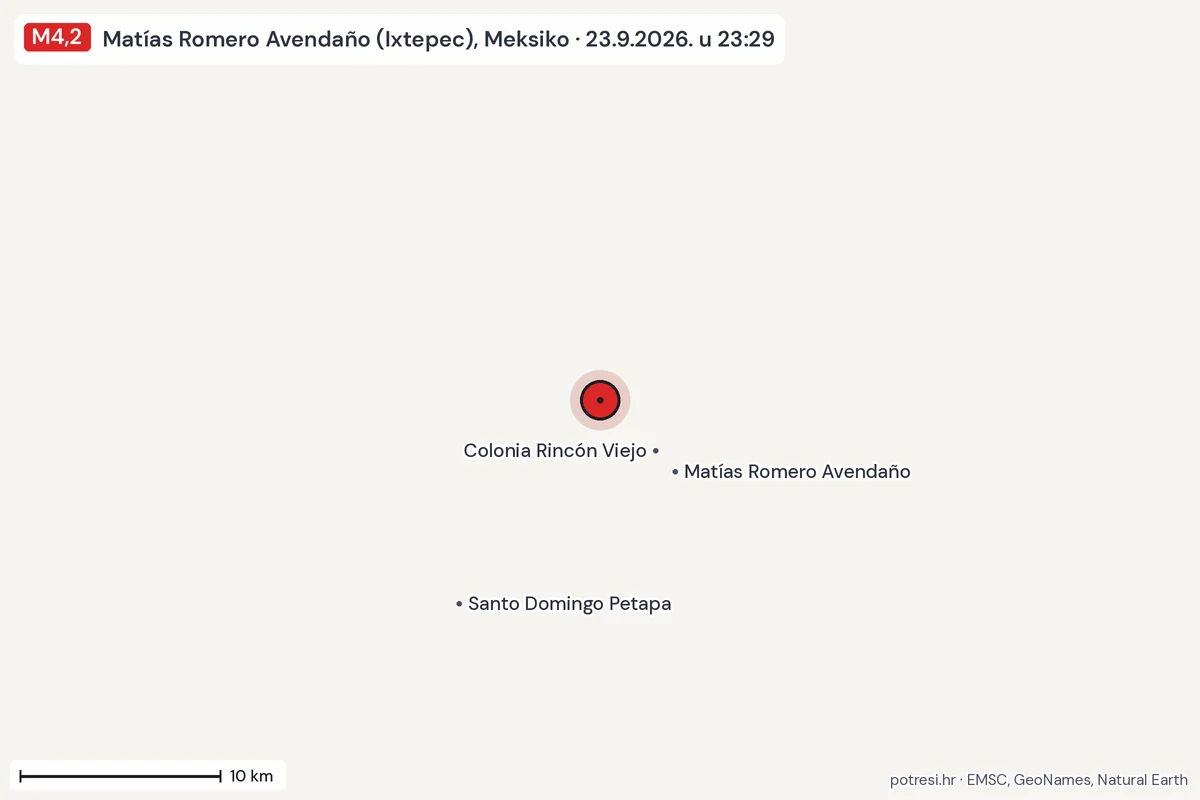 Karta: okolica epicentra, 60 km, potres M4,2, Matías Romero Avendaño (Ixtepec), Meksiko, 23.9.2026.