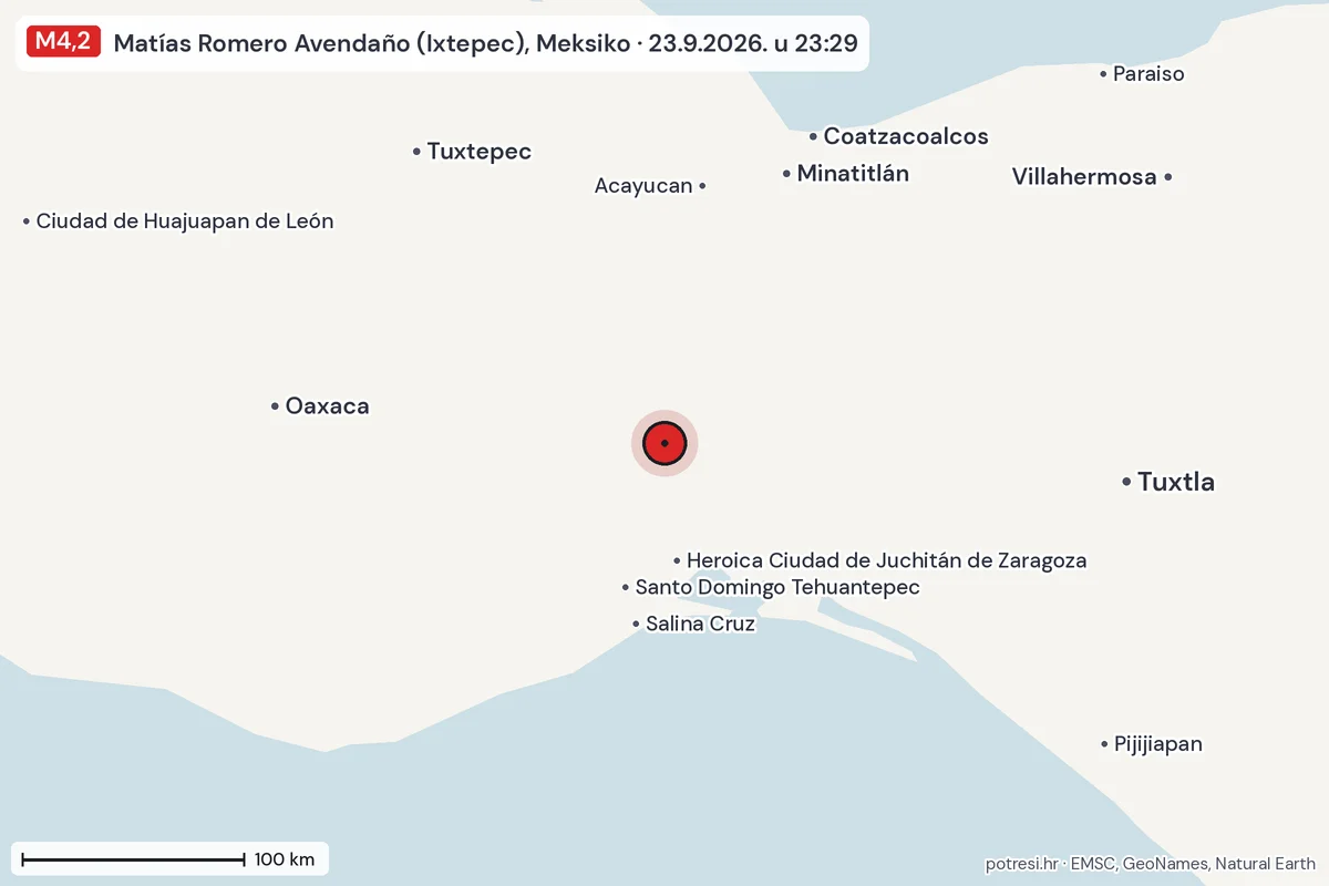 Karta: šire područje, 600 km, potres M4,2, Matías Romero Avendaño (Ixtepec), Meksiko, 23.9.2026.