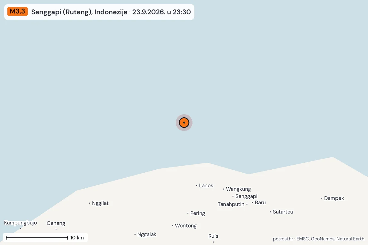 Karta: okolica epicentra, 60 km, potres M3,3, Senggapi (Ruteng), Indonezija, 23.9.2026.
