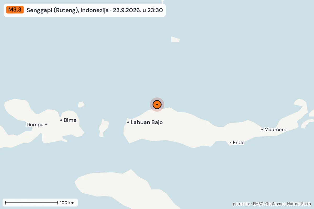 Karta: šire područje, 600 km, potres M3,3, Senggapi (Ruteng), Indonezija, 23.9.2026.