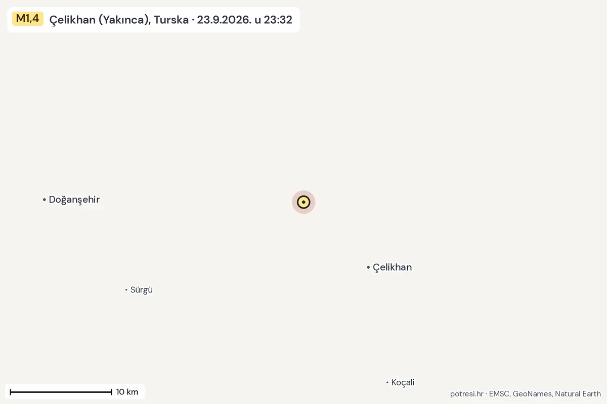 Karta: okolica epicentra, 60 km, potres M1,4, Çelikhan (Yakınca), Turska, 23.9.2026.