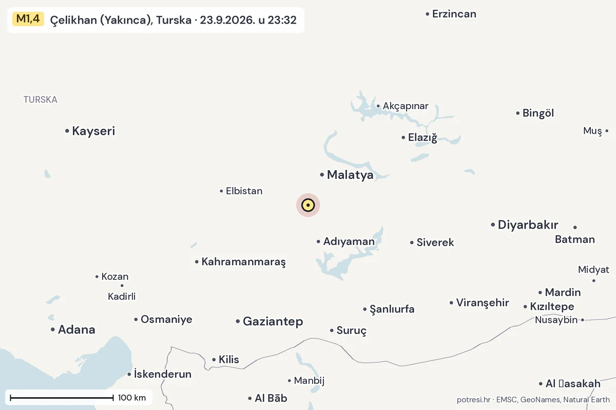 Karta: šire područje, 600 km, potres M1,4, Çelikhan (Yakınca), Turska, 23.9.2026.