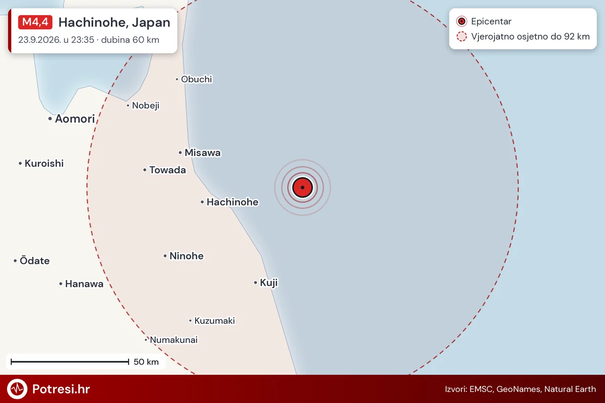 Karta: šire područje i vjerojatni doseg osjeta, potres M4,4, Hachinohe, Japan, 23.9.2026.