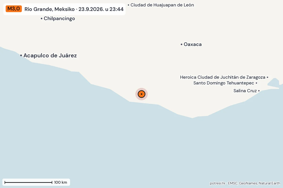 Karta: šire područje, 600 km, potres M3,0, Río Grande, Meksiko, 23.9.2026.