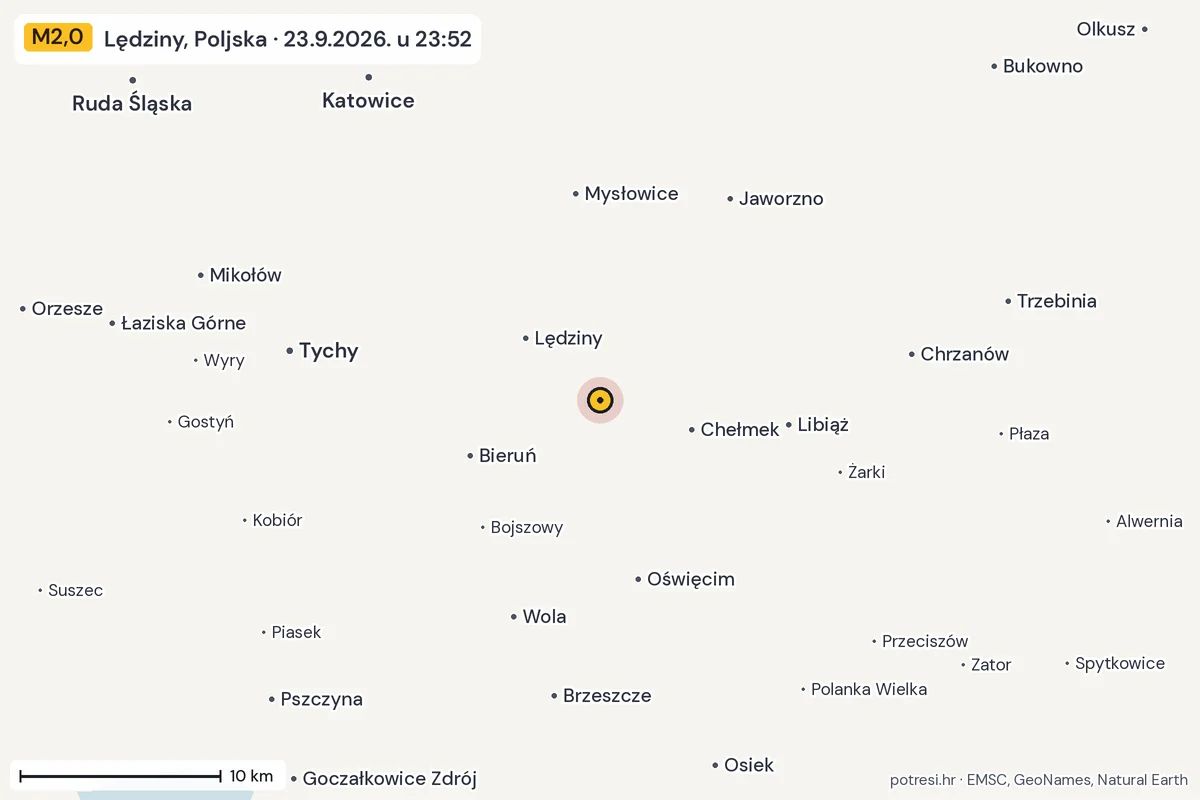 Karta: okolica epicentra, 60 km, potres M2,0, Lędziny, Poljska, 23.9.2026.