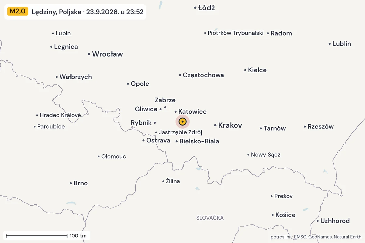 Karta: šire područje, 600 km, potres M2,0, Lędziny, Poljska, 23.9.2026.