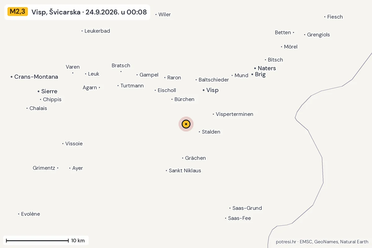 Karta: okolica epicentra, 60 km, potres M2,3, Visp, Švicarska, 24.9.2026.