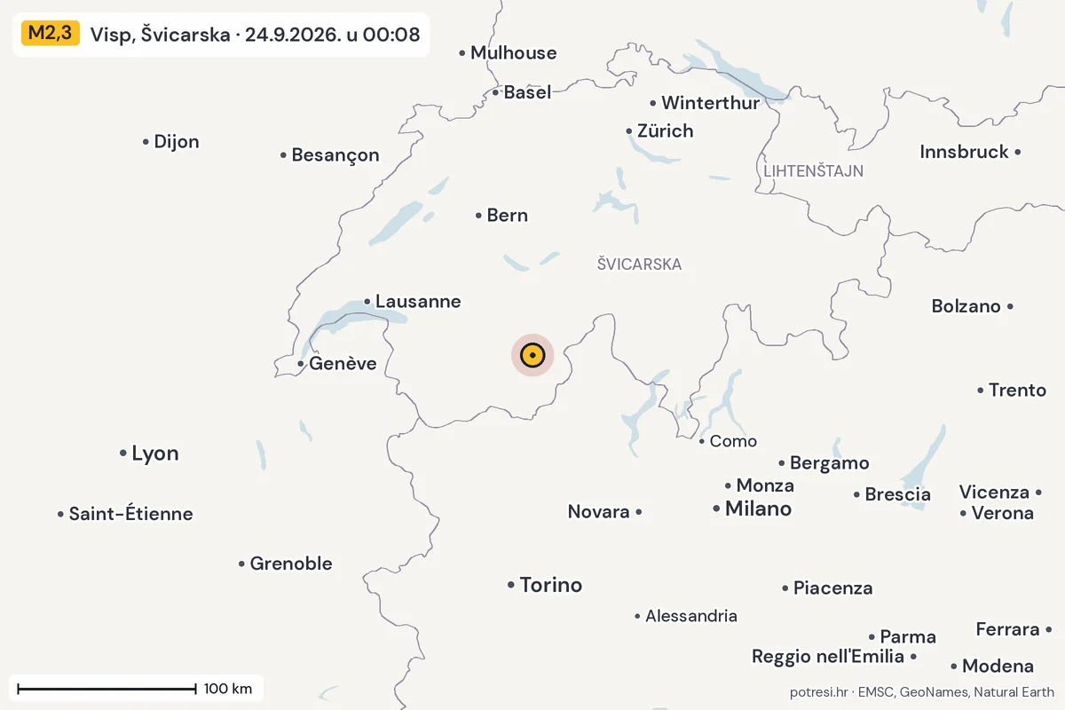 Karta: šire područje, 600 km, potres M2,3, Visp, Švicarska, 24.9.2026.