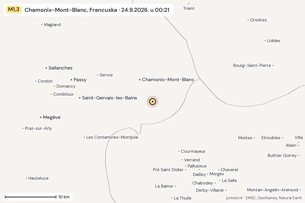 Karta: okolica epicentra, 60 km, potres M1,3, Chamonix-Mont-Blanc, Francuska, 24.9.2026.
