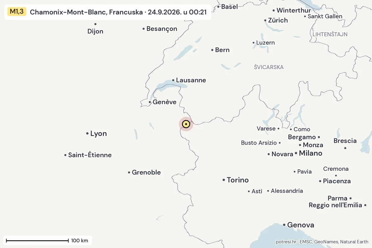 Karta: šire područje, 600 km, potres M1,3, Chamonix-Mont-Blanc, Francuska, 24.9.2026.