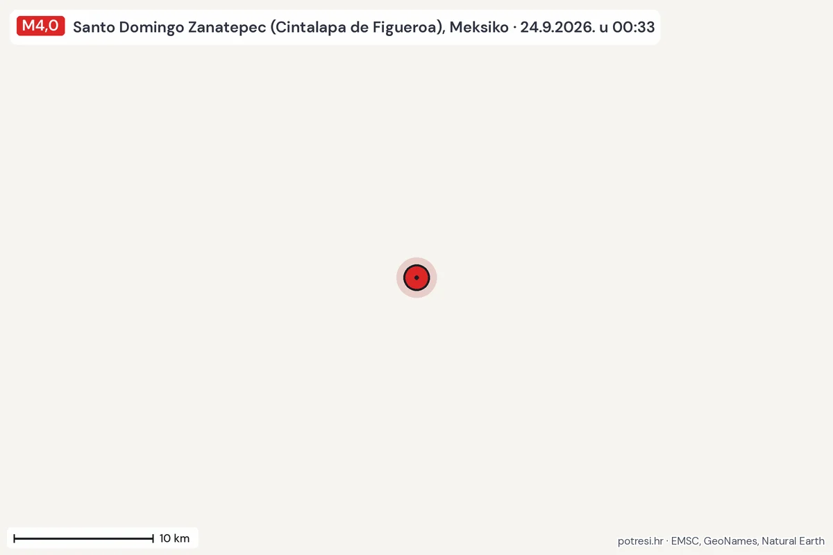 Karta: okolica epicentra, 60 km, potres M4,0, Santo Domingo Zanatepec (Cintalapa de Figueroa), Meksiko, 24.9.2026.
