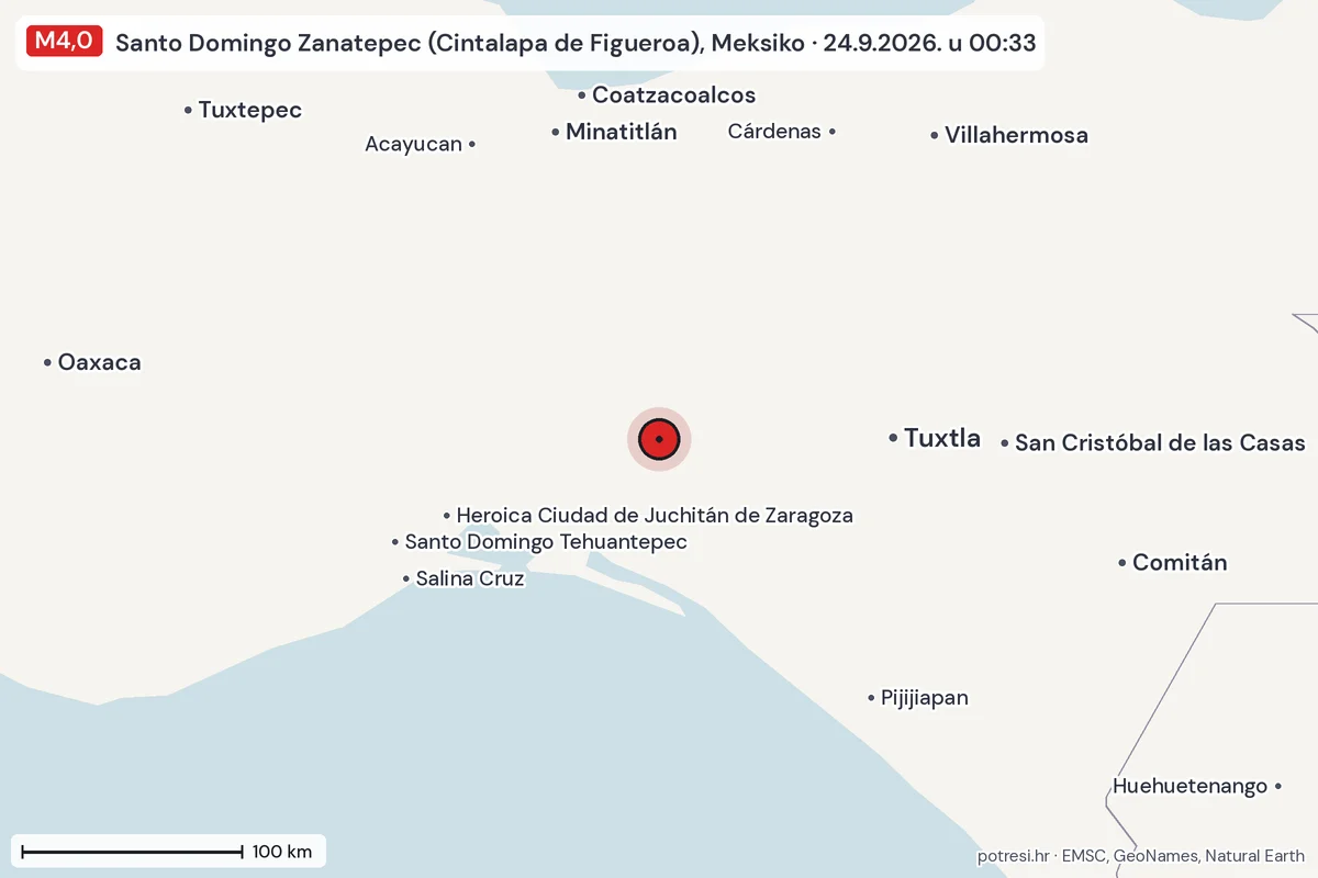 Karta: šire područje, 600 km, potres M4,0, Santo Domingo Zanatepec (Cintalapa de Figueroa), Meksiko, 24.9.2026.