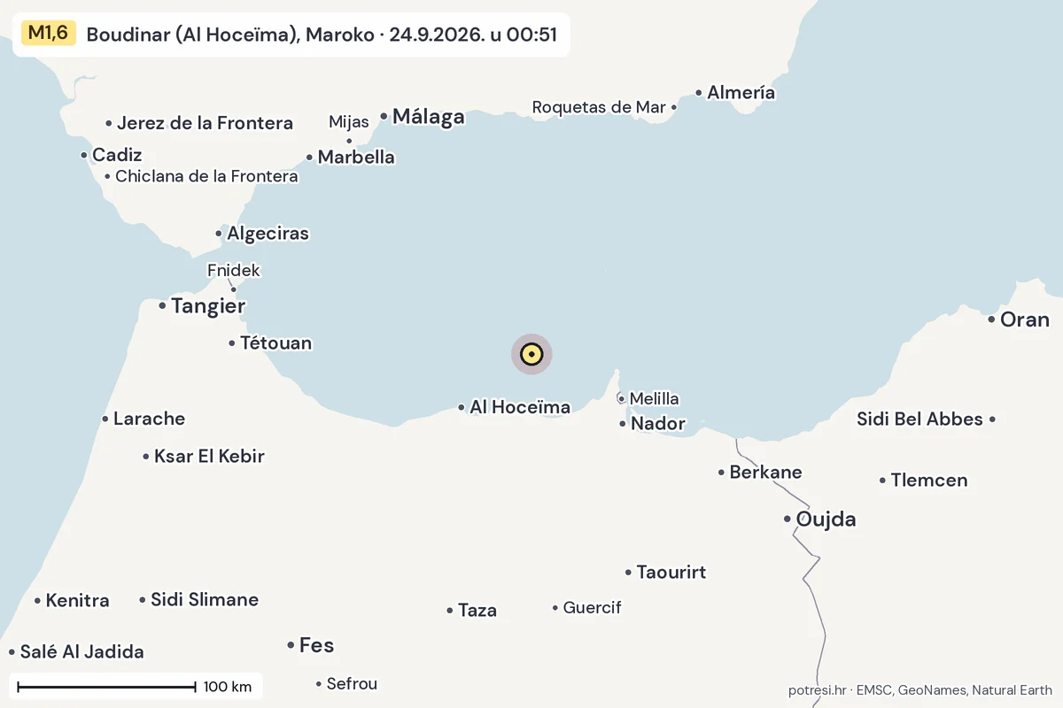 Karta: šire područje, 600 km, potres M1,6, Boudinar (Al Hoceïma), Maroko, 24.9.2026.