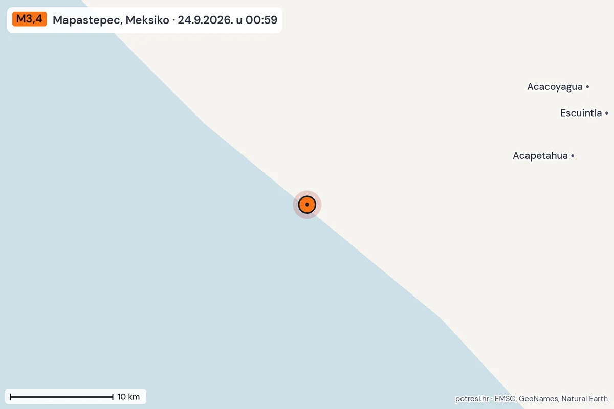 Karta: okolica epicentra, 60 km, potres M3,4, Mapastepec, Meksiko, 24.9.2026.
