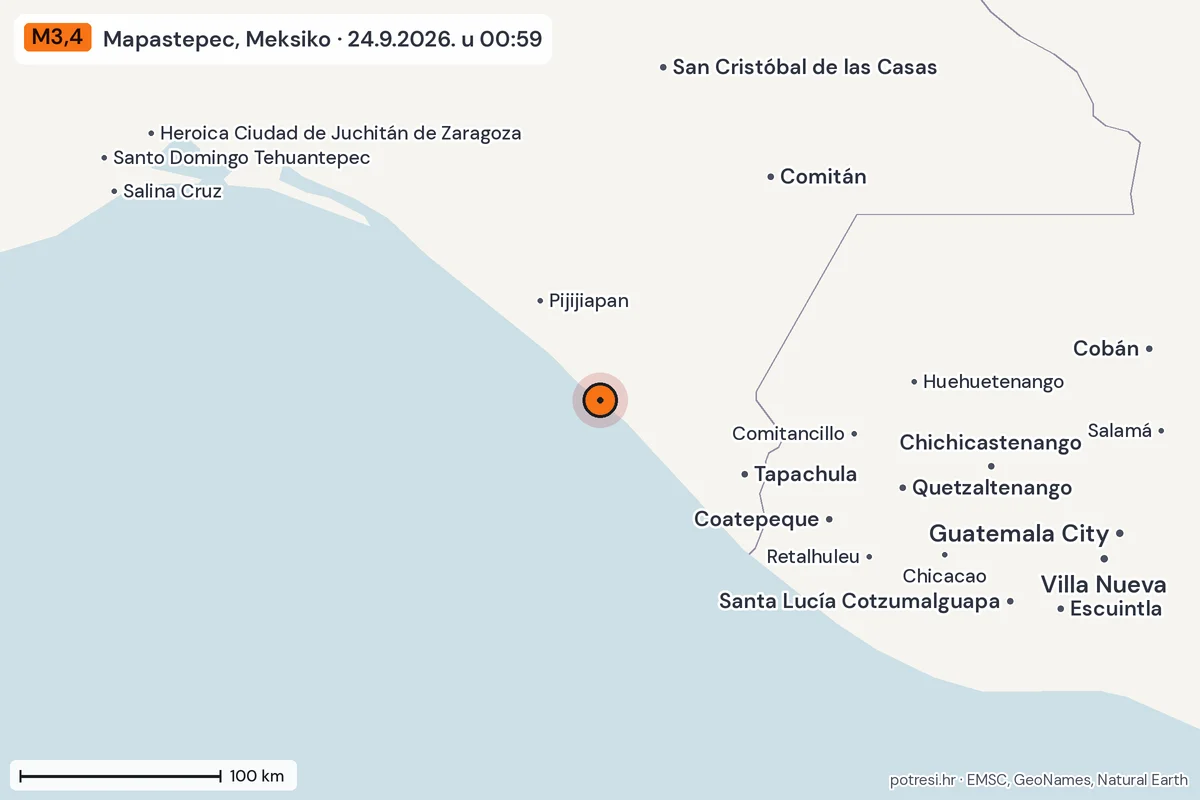 Karta: šire područje, 600 km, potres M3,4, Mapastepec, Meksiko, 24.9.2026.