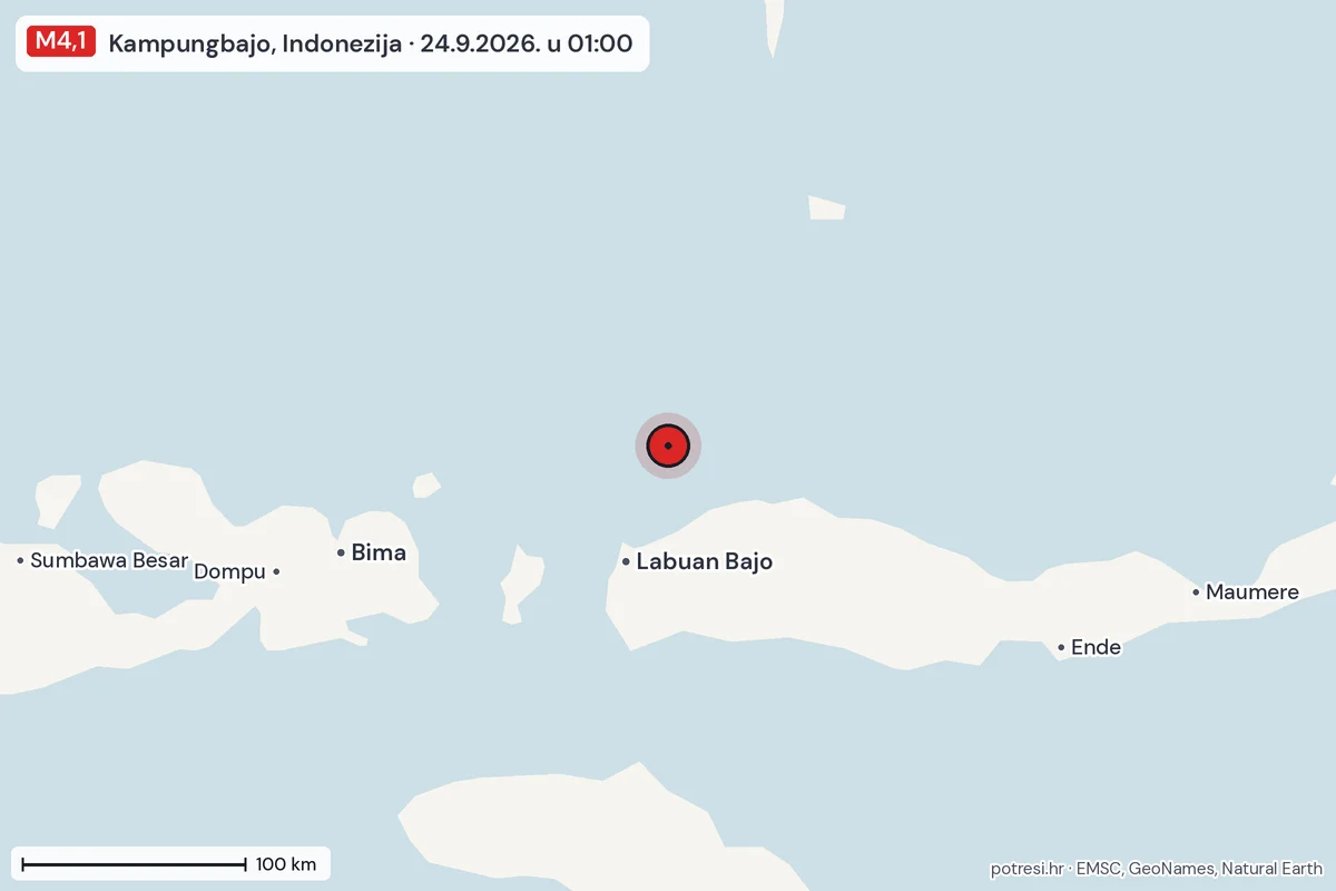 Karta: šire područje, 600 km, potres M4,1, Kampungbajo, Indonezija, 24.9.2026.