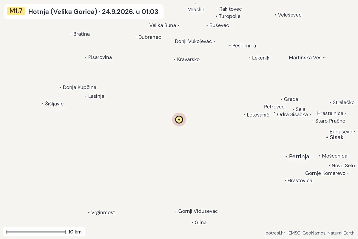 Karta: okolica epicentra, 60 km, potres M1,7, Hotnja (Velika Gorica), 24.9.2026.