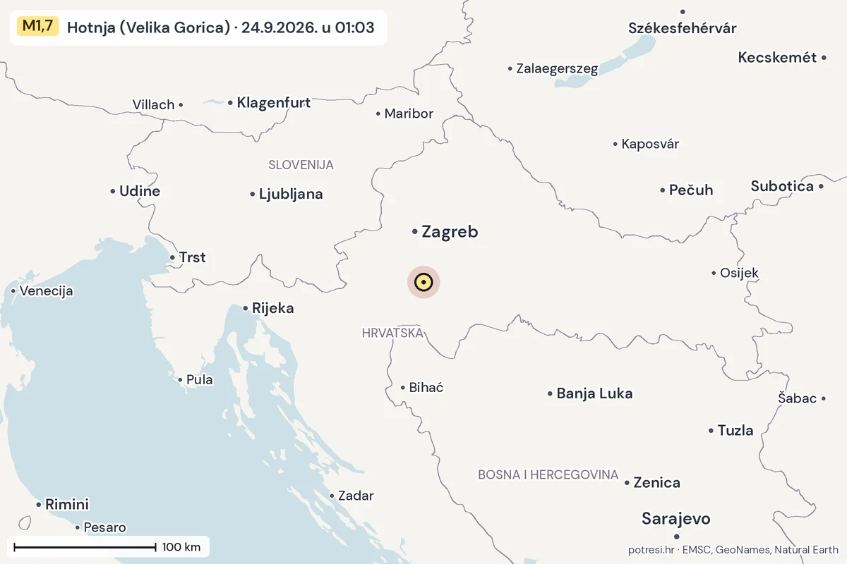 Karta: šire područje, 600 km, potres M1,7, Hotnja (Velika Gorica), 24.9.2026.