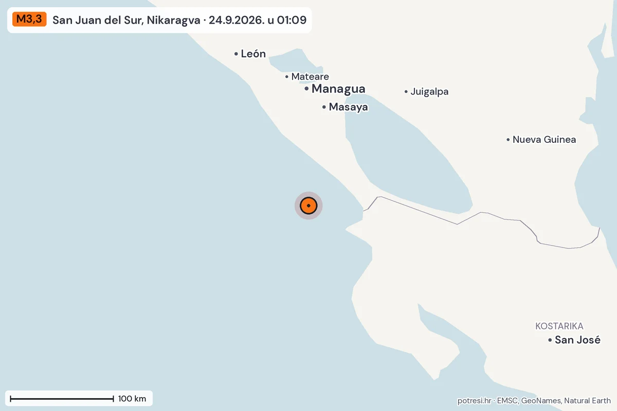 Karta: šire područje, 600 km, potres M3,3, San Juan del Sur, Nikaragva, 24.9.2026.