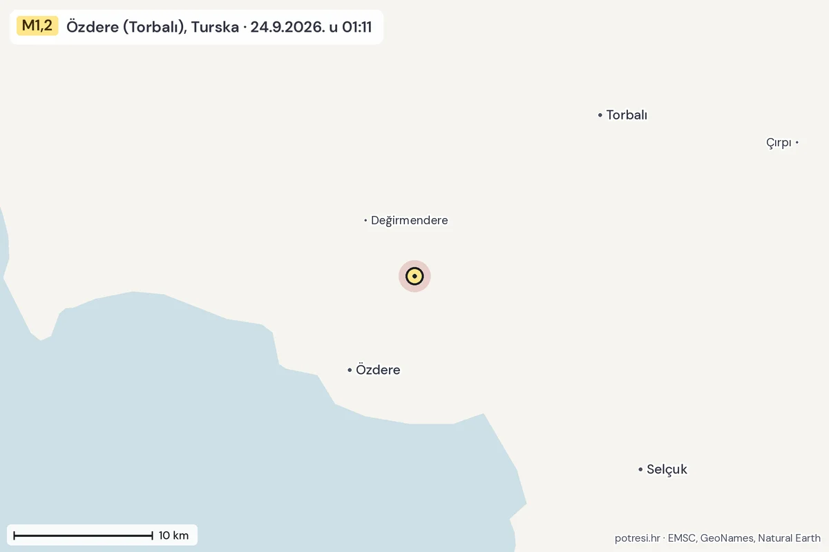 Karta: okolica epicentra, 60 km, potres M1,2, Özdere (Torbalı), Turska, 24.9.2026.