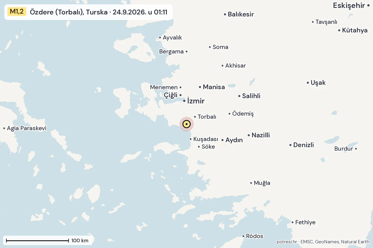 Karta: šire područje, 600 km, potres M1,2, Özdere (Torbalı), Turska, 24.9.2026.