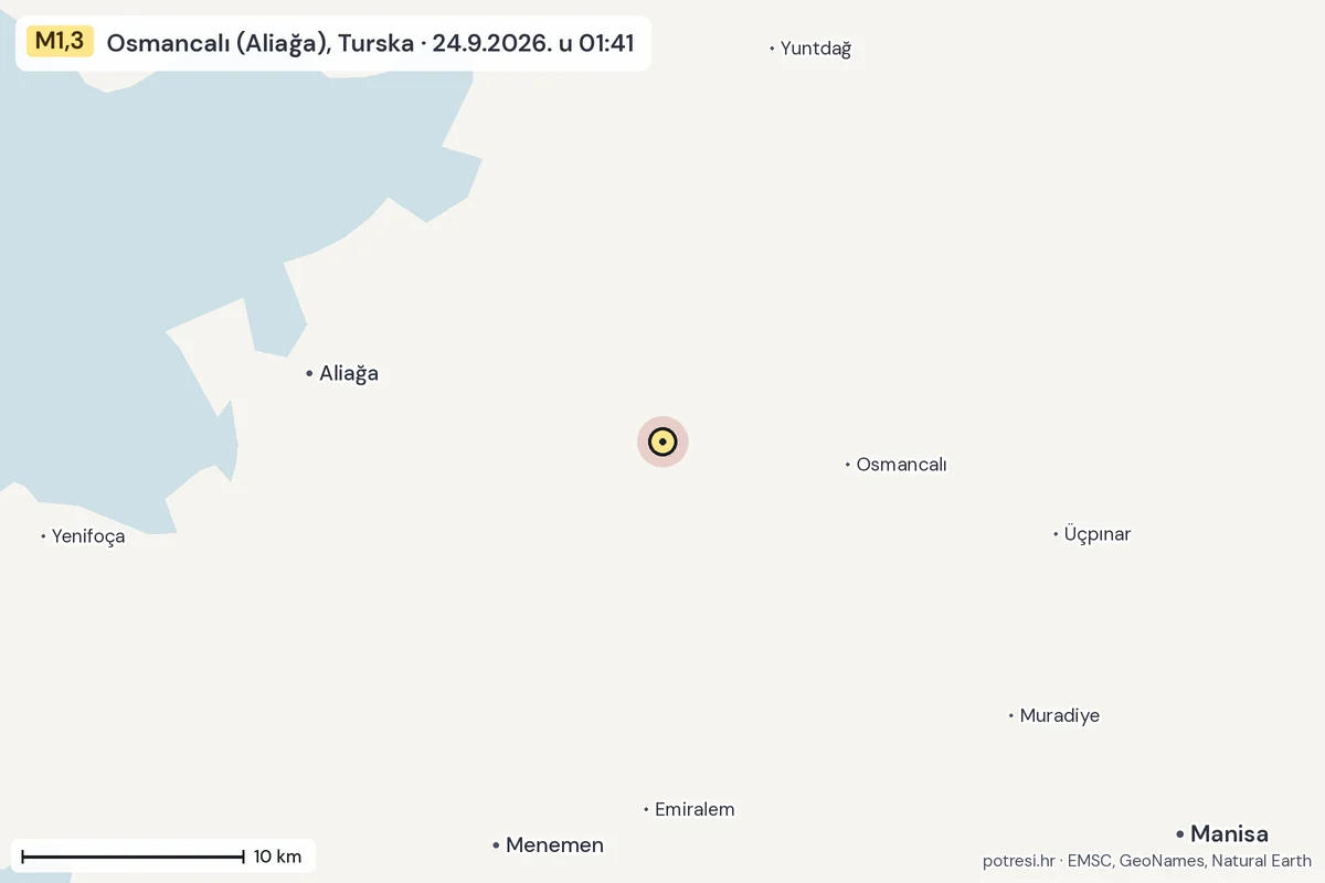 Karta: okolica epicentra, 60 km, potres M1,3, Osmancalı (Aliağa), Turska, 24.9.2026.
