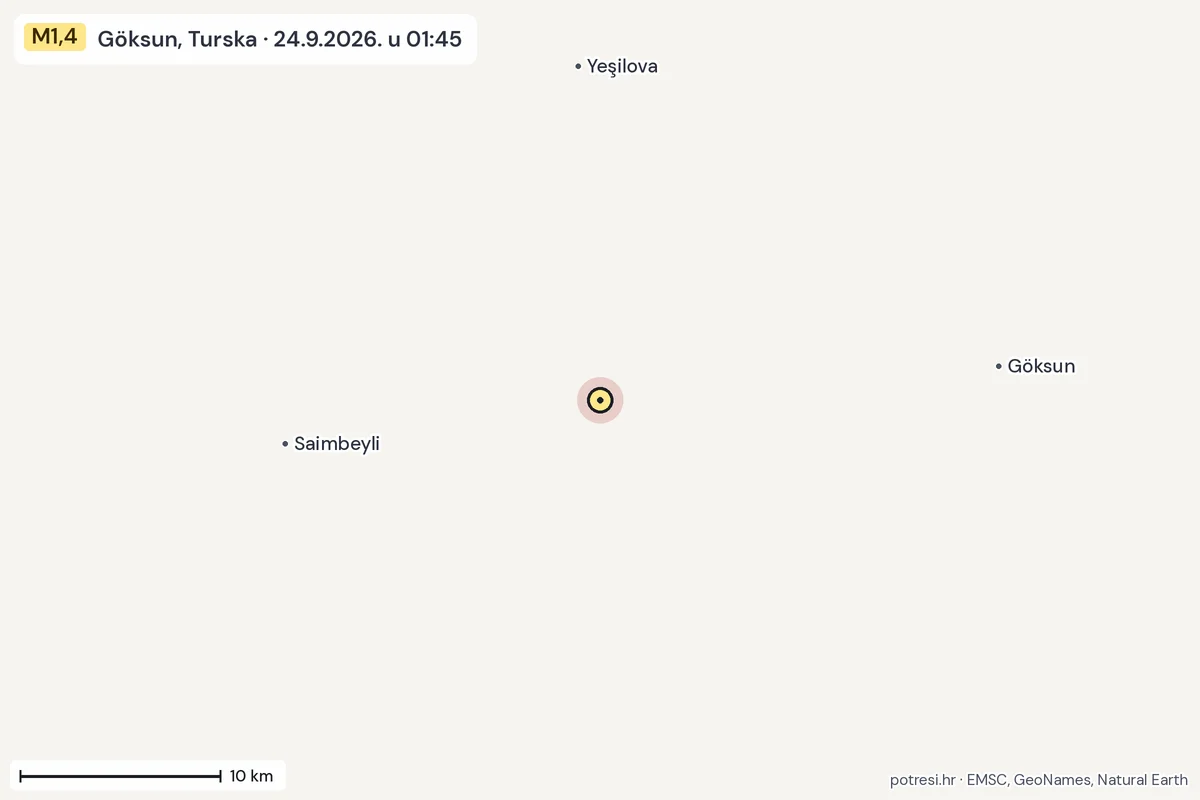 Karta: okolica epicentra, 60 km, potres M1,4, Göksun, Turska, 24.9.2026.