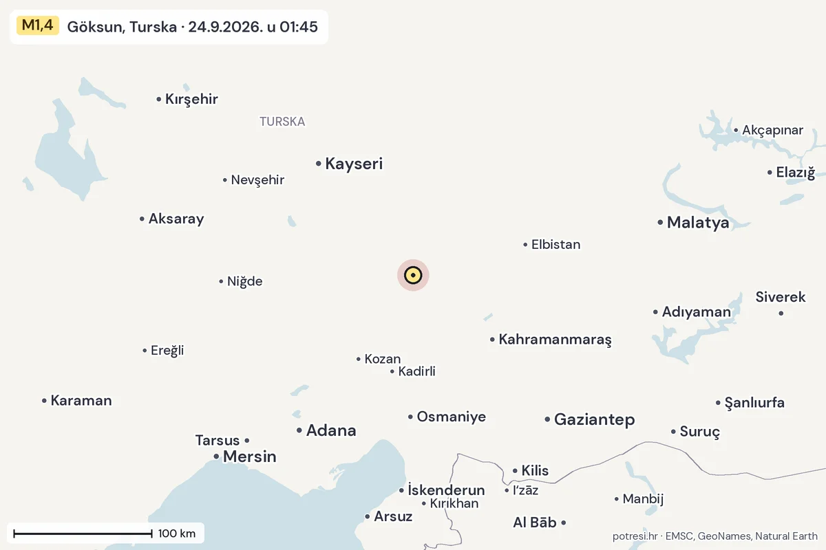 Karta: šire područje, 600 km, potres M1,4, Göksun, Turska, 24.9.2026.
