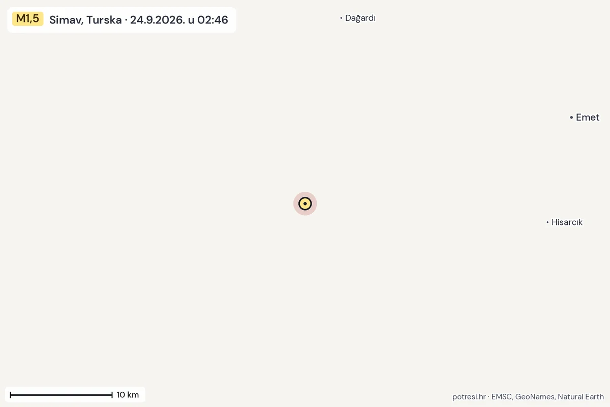Karta: okolica epicentra, 60 km, potres M1,5, Simav, Turska, 24.9.2026.