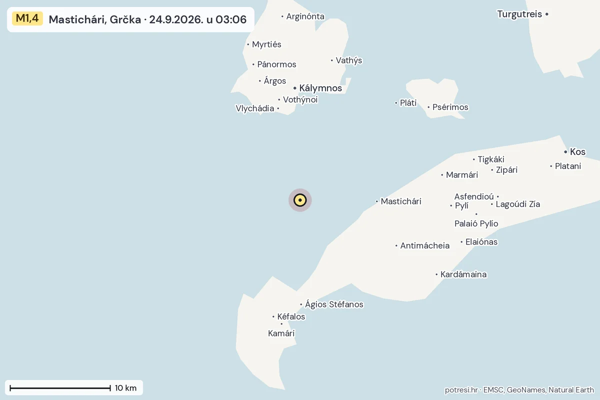 Karta: okolica epicentra, 60 km, potres M1,4, Mastichári, Grčka, 24.9.2026.