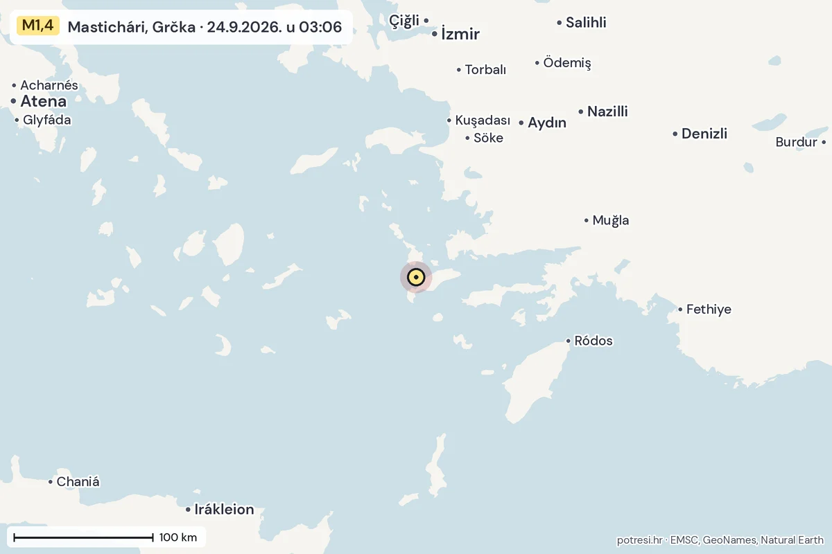 Karta: šire područje, 600 km, potres M1,4, Mastichári, Grčka, 24.9.2026.