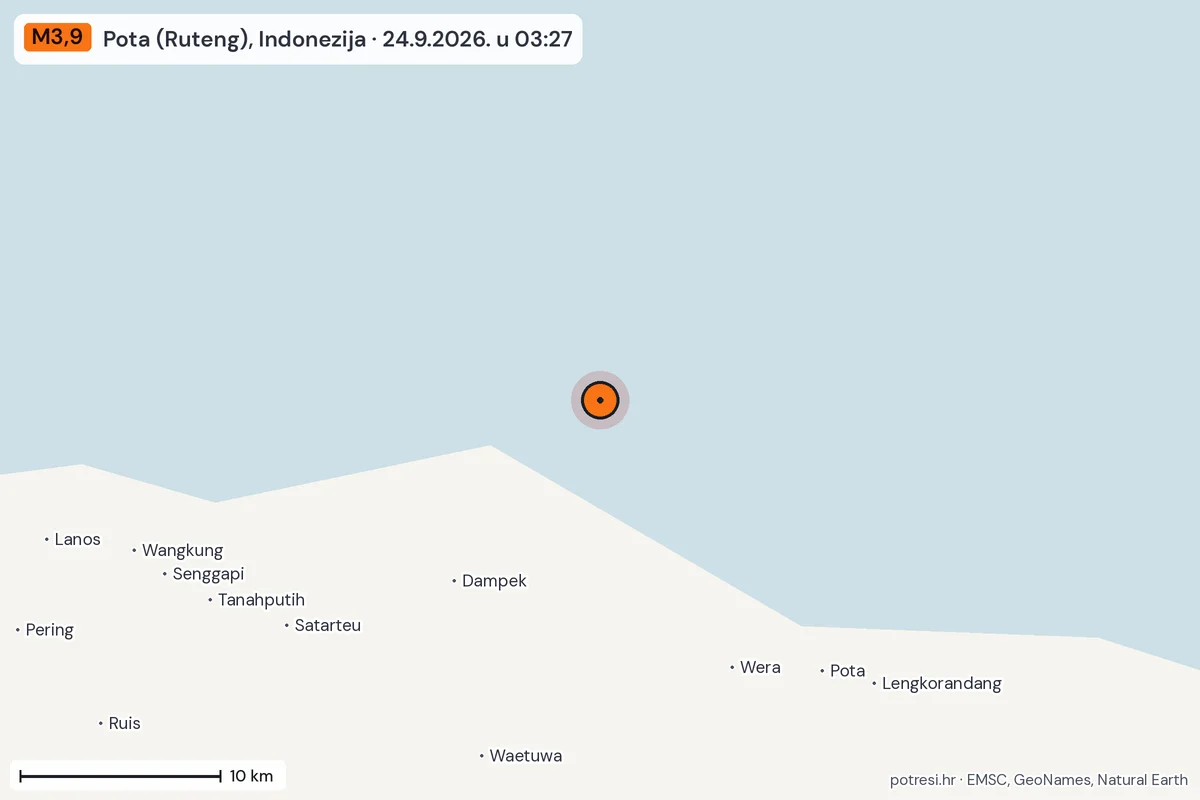 Karta: okolica epicentra, 60 km, potres M3,9, Pota (Ruteng), Indonezija, 24.9.2026.
