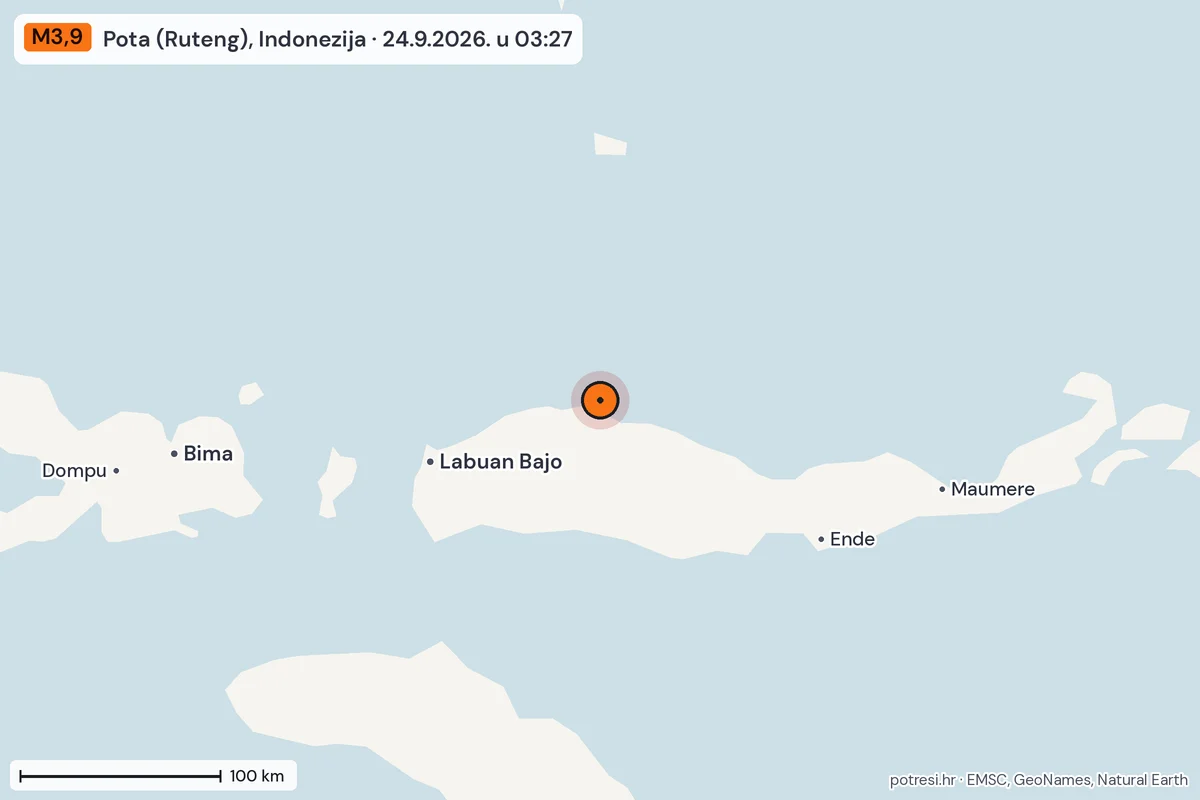 Karta: šire područje, 600 km, potres M3,9, Pota (Ruteng), Indonezija, 24.9.2026.