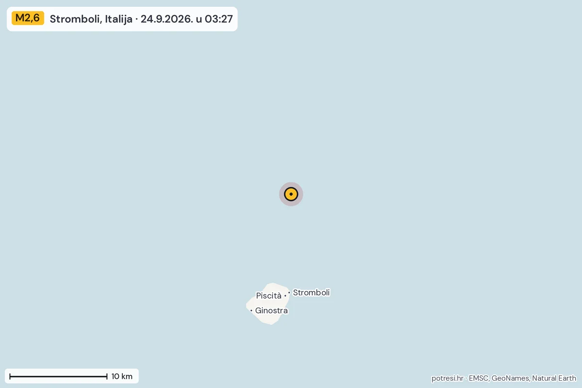 Karta: okolica epicentra, 60 km, potres M2,6, Stromboli, Italija, 24.9.2026.