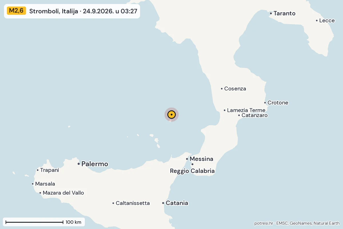 Karta: šire područje, 600 km, potres M2,6, Stromboli, Italija, 24.9.2026.