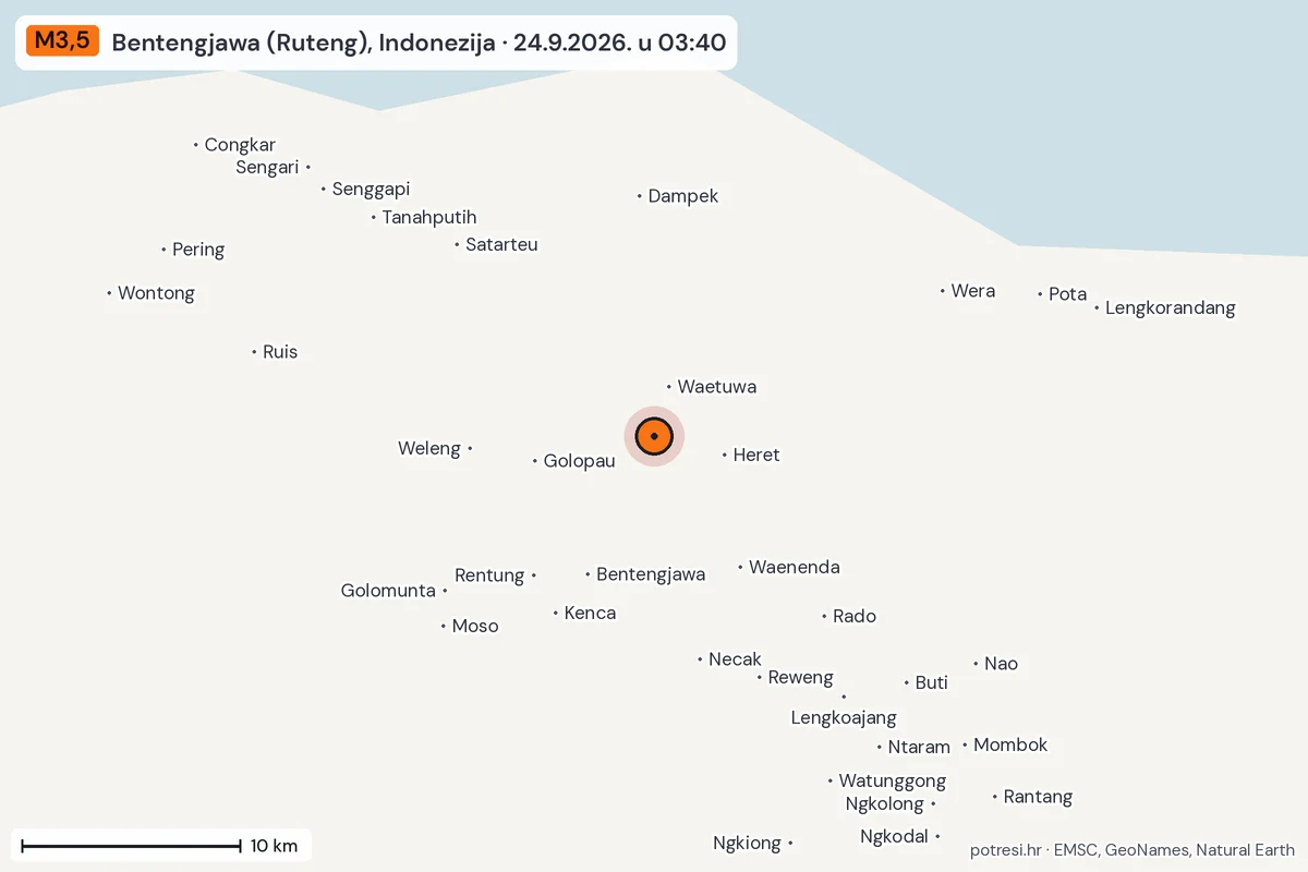 Karta: okolica epicentra, 60 km, potres M3,5, Bentengjawa (Ruteng), Indonezija, 24.9.2026.