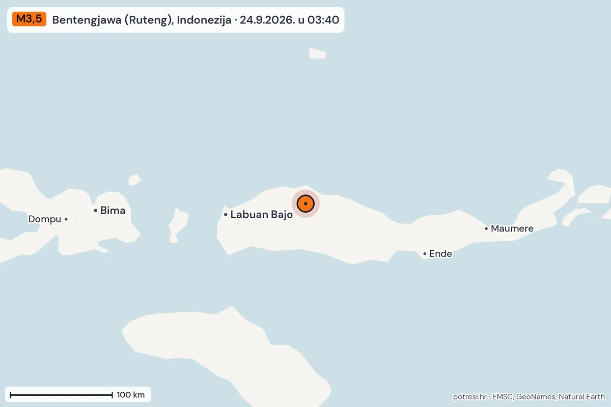 Karta: šire područje, 600 km, potres M3,5, Bentengjawa (Ruteng), Indonezija, 24.9.2026.