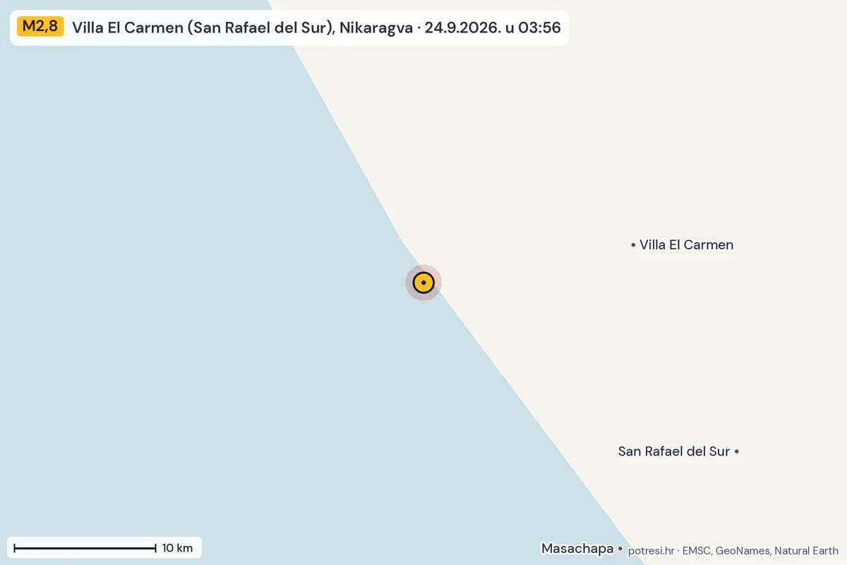 Karta: okolica epicentra, 60 km, potres M2,8, Villa El Carmen (San Rafael del Sur), Nikaragva, 24.9.2026.