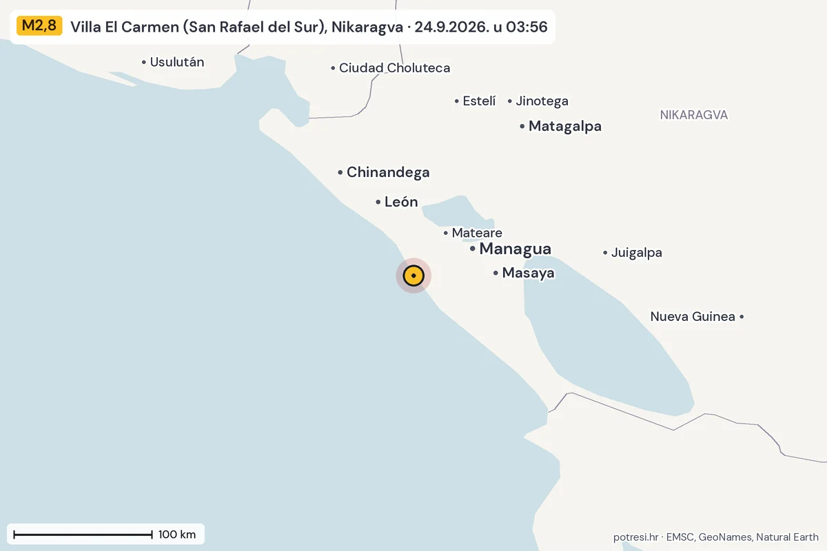 Karta: šire područje, 600 km, potres M2,8, Villa El Carmen (San Rafael del Sur), Nikaragva, 24.9.2026.