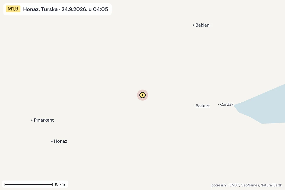 Karta: okolica epicentra, 60 km, potres M1,9, Honaz, Turska, 24.9.2026.
