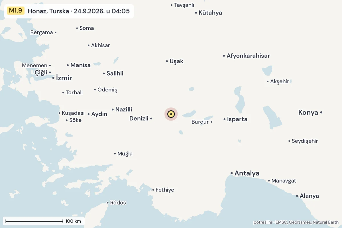 Karta: šire područje, 600 km, potres M1,9, Honaz, Turska, 24.9.2026.