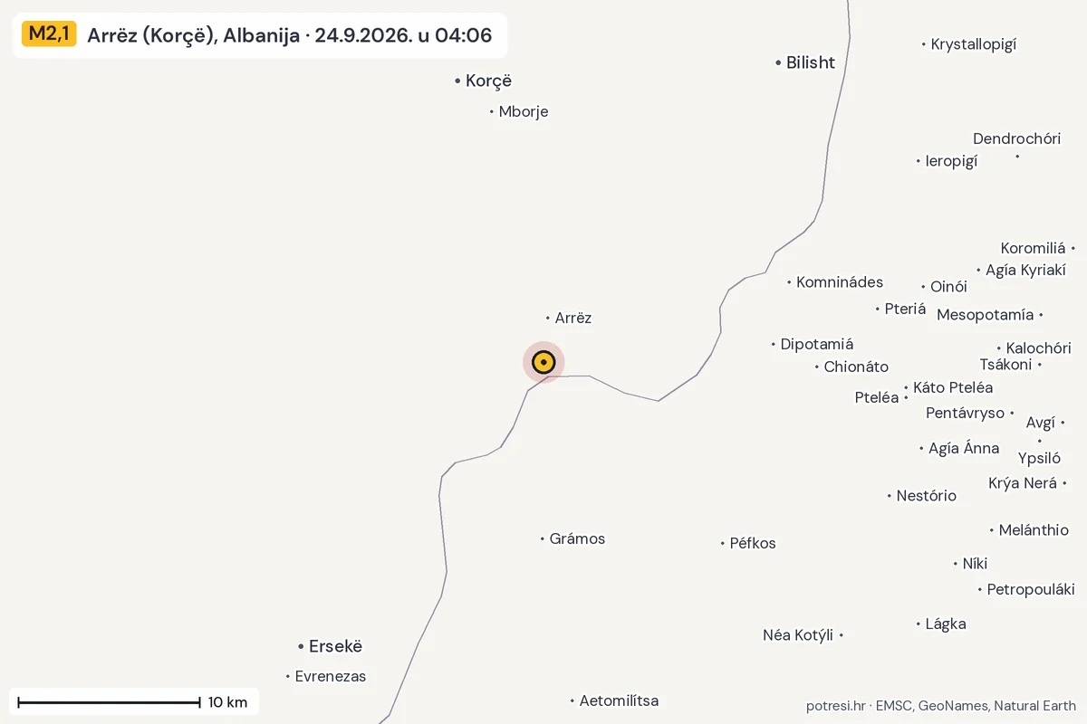 Karta: okolica epicentra, 60 km, potres M2,1, Arrëz (Korçë), Albanija, 24.9.2026.