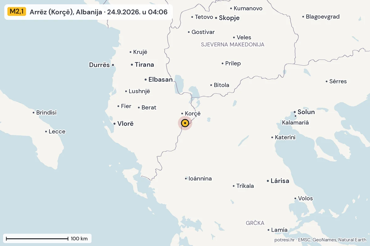 Karta: šire područje, 600 km, potres M2,1, Arrëz (Korçë), Albanija, 24.9.2026.