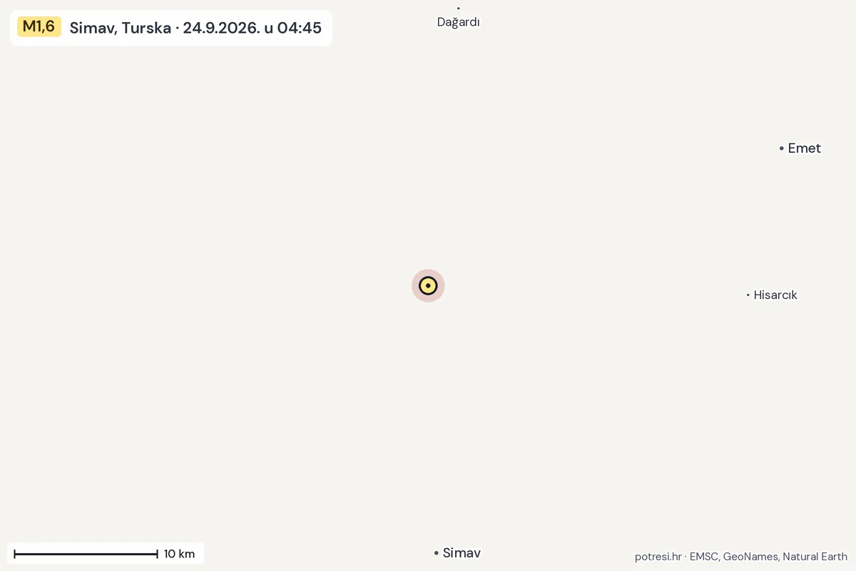 Karta: okolica epicentra, 60 km, potres M1,6, Simav, Turska, 24.9.2026.