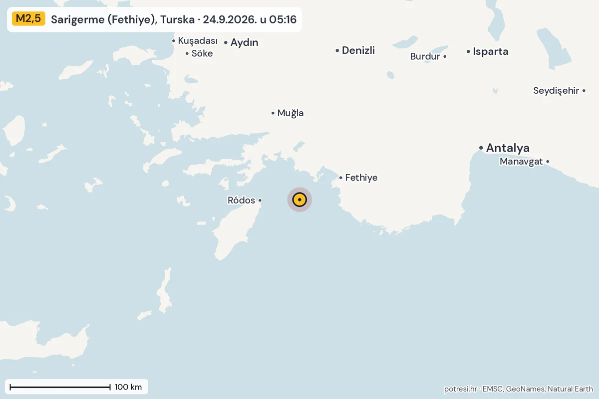Karta: šire područje, 600 km, potres M2,5, Sarigerme (Fethiye), Turska, 24.9.2026.
