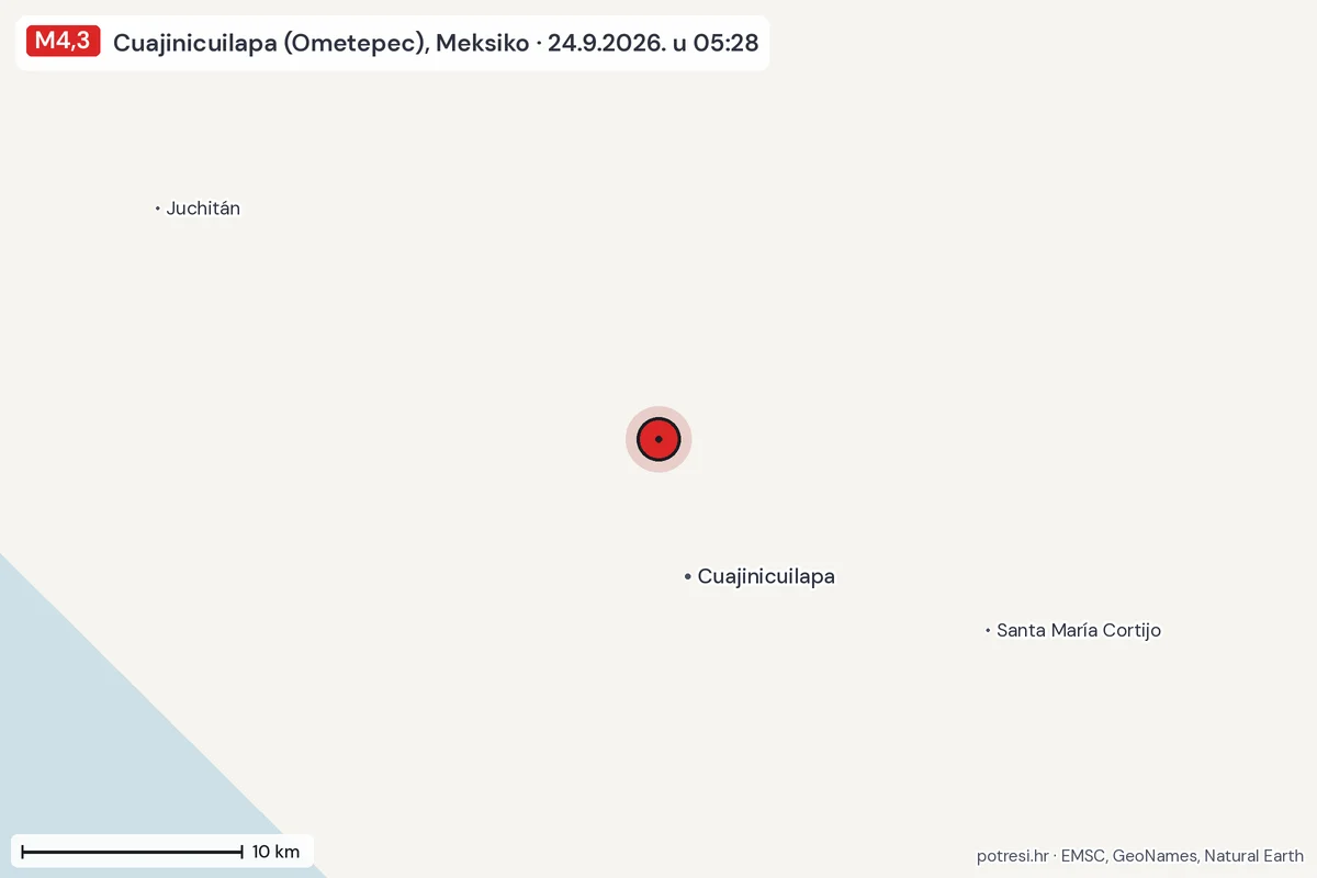 Karta: okolica epicentra, 60 km, potres M4,3, Cuajinicuilapa (Ometepec), Meksiko, 24.9.2026.