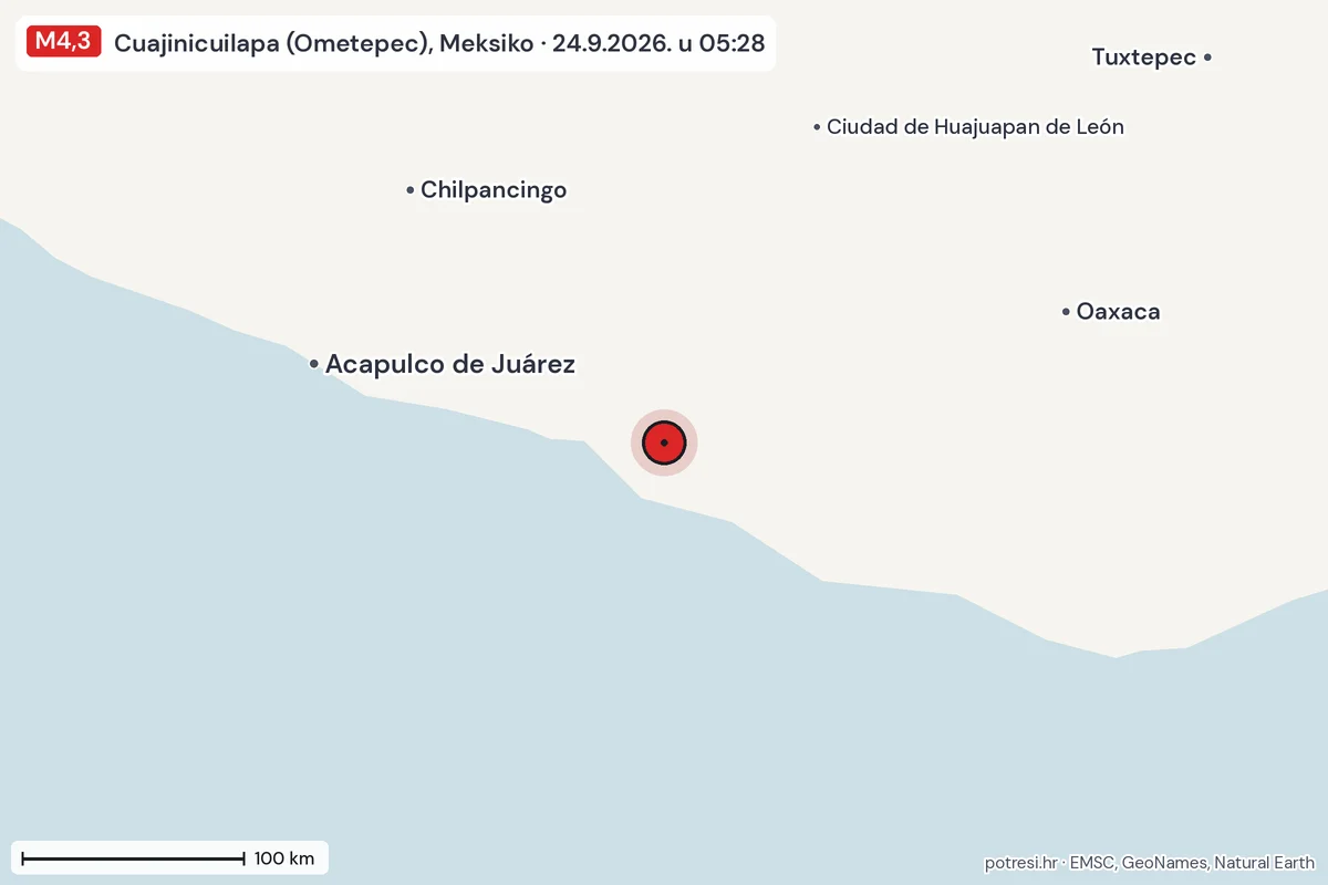 Karta: šire područje, 600 km, potres M4,3, Cuajinicuilapa (Ometepec), Meksiko, 24.9.2026.