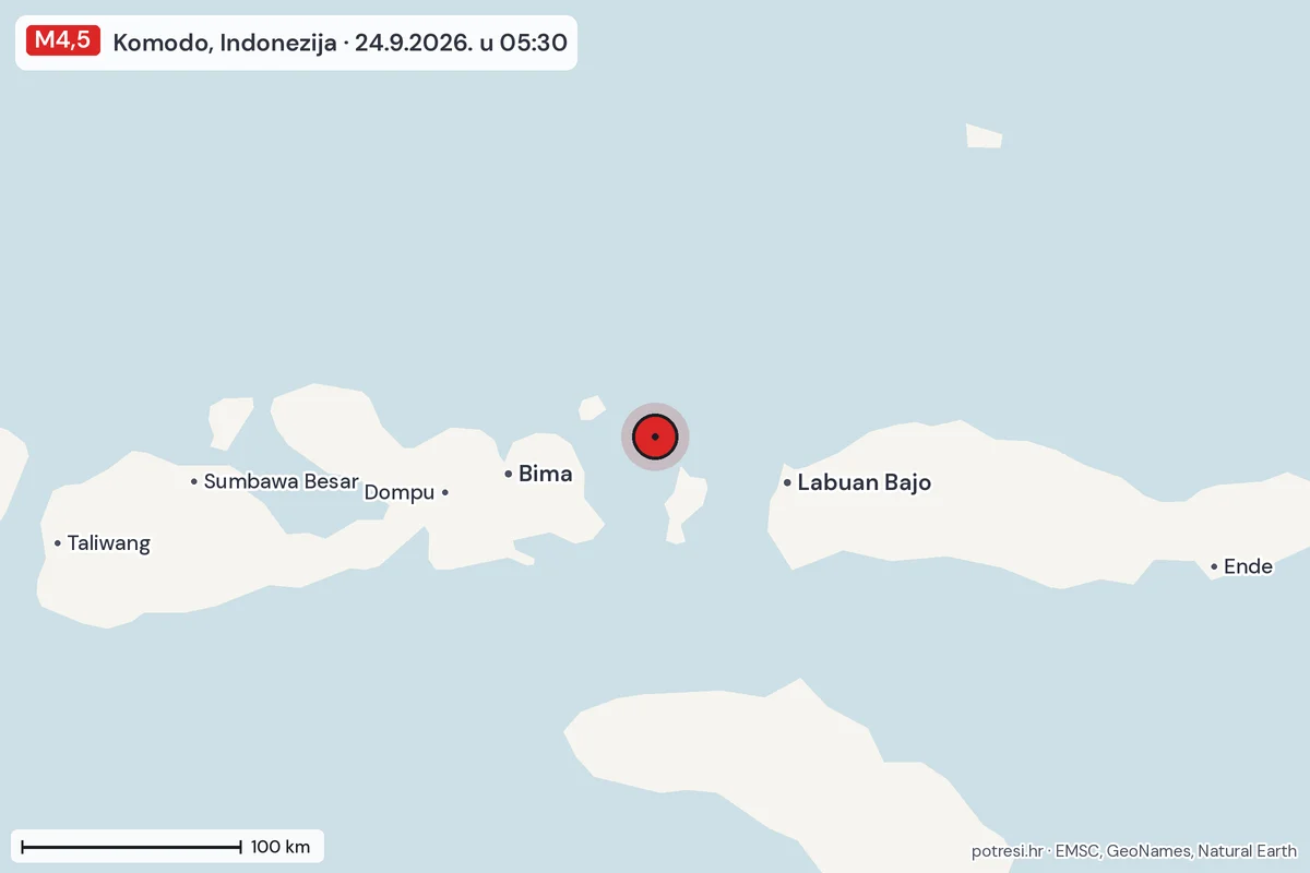 Karta: šire područje, 600 km, potres M4,5, Komodo, Indonezija, 24.9.2026.